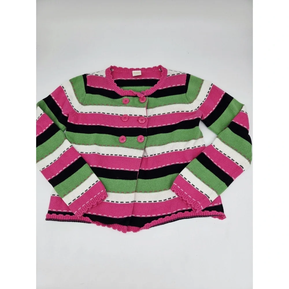 Gymboree Garden Friends Striped Cardigan Sweater Size M 7-8 Pink Green Buttons